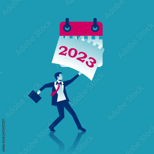 Goodbye 2023. A businessman tears off a calendar sheet of the outgoing year. Parting with coming year. Vector illustration flat design. Isolated on white background.