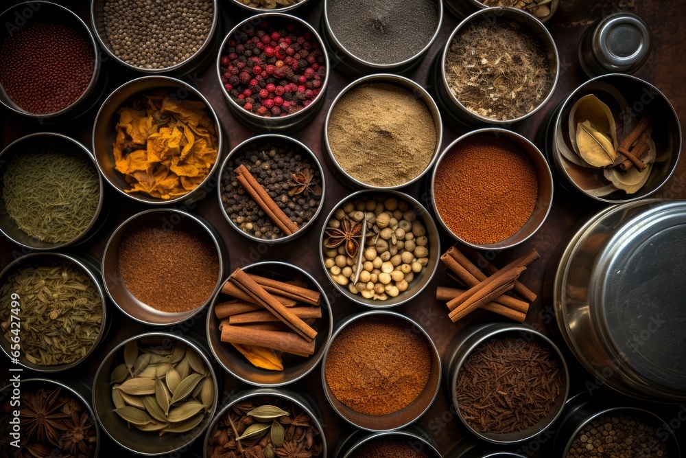 Variety of Indian chai spices. Top view - obrazy, fototapety, plakaty 