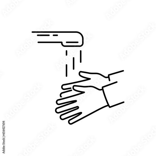 Wash hands under running tap water, black line icon. Drops of water or disinfection on hands. Vector illustration flat design. Personal hygiene. Disinfection, skin care. Antibacterial washing.
