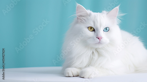 portrait of a white breed of the Turkish angora, van cat sitting, beautiful green and blue eyed cat, copyspace for text photo