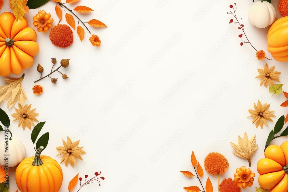 Fototapeta premium Bright And Beautiful Thanksgiving Background Adorned With Pumpkins, Fruits, Flowers, Vegetables, And Leaves