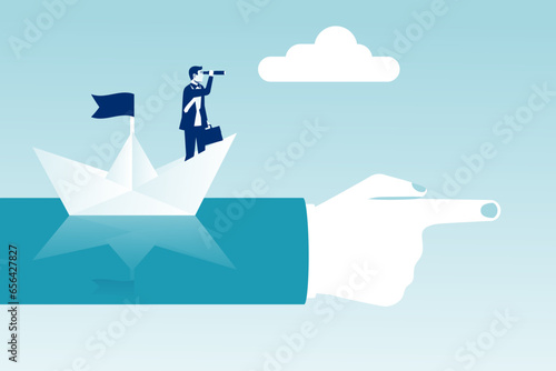 Look forward. Vision business concept. Successful businessman looking in telescope, seeing future. Vector design. Isolated on background. Spyglass in hand. Search solution. Forward looking person.