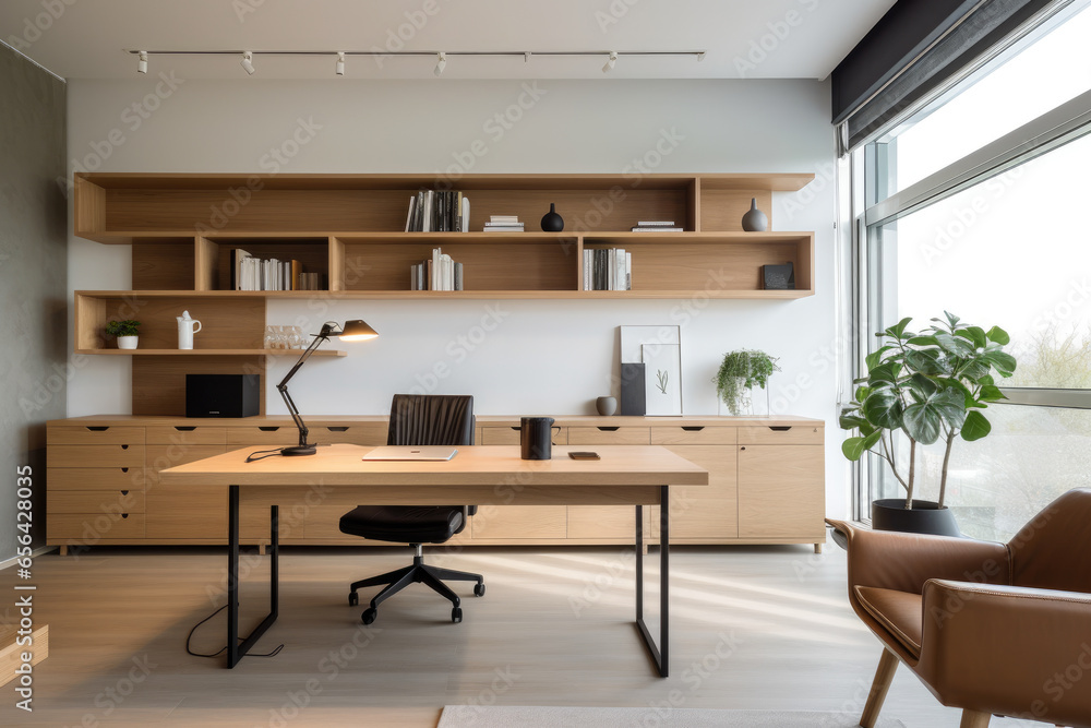 Elegantly minimalistic Scandinavian-style office interior with sleek furniture, serene ambiance, and natural materials, creating an inviting and organized workspace for increased productivity.