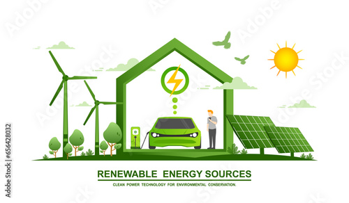 Environmental care and use clean green energy from renewable sources and low carbon concept, Modern eco house with Electric car charging system, Windmills farm or Wind power and Solar energy industry.