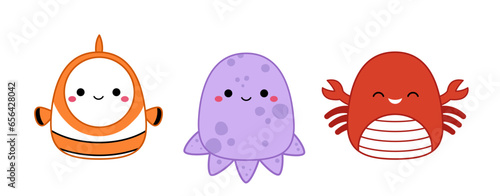 Octopus, clown fish, crab. Squishmallow. Cute soft plush toy Pillow Cartoon kawaii vector