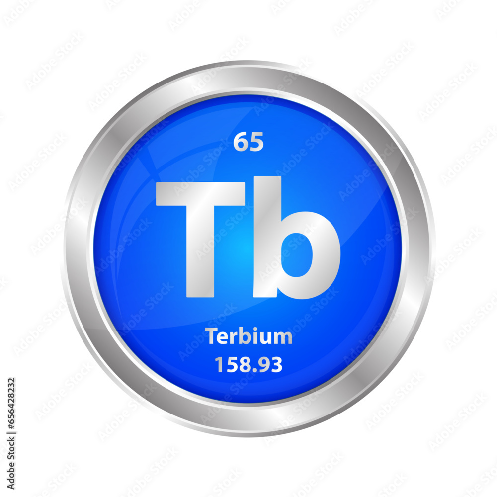 Icon structure Terbium (Tb) chemical element round shape circle blue. Chemical element of the periodic table. Sign with atomic number. Study in science for education. 3D vector illustration.