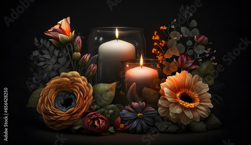 Burning candles and flowers on black background with space for text. Funeral concept. Generative Ai.