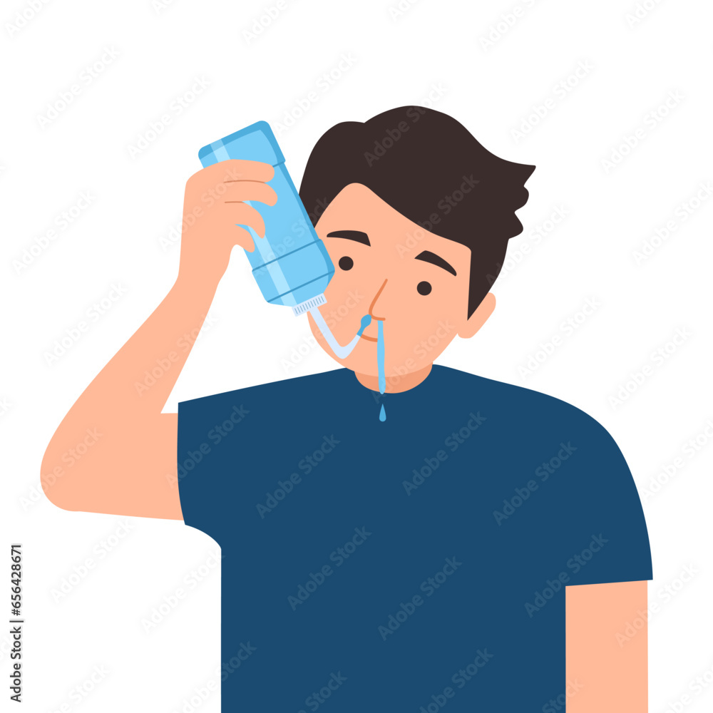 Man cleaning nose with saline in flat design on white background. Man cleaning nose with saline in flat design on white background.