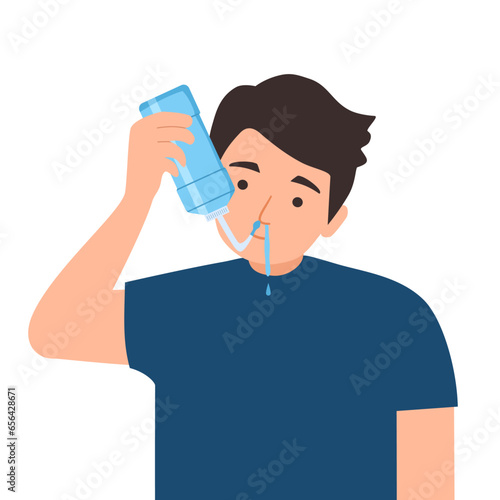 Man cleaning nose with saline in flat design on white background.
