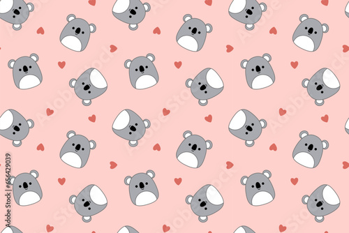 Pink pattern with koalas and hearts. Squishmallow. Background with koala. Kawaii, vector