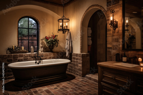 A Mediterranean-inspired bathroom oasis with terracotta tiles, wrought iron accents, and a soothing atmosphere for ultimate serenity and relaxation.