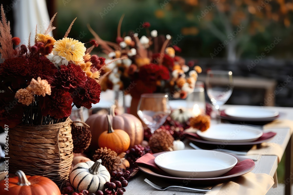 Festive Outdoor Autumn Table Setting, Perfect For Enjoying The Crisp Fall Air