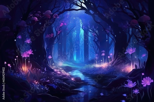 Fantasy Forest At Night, Illuminated By Magic Glowing Flowers In Fairytale Wood
