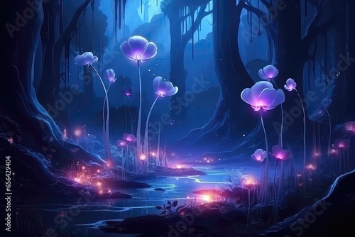 Fantasy Forest At Night, Illuminated By Magic Glowing Flowers In Fairytale Wood