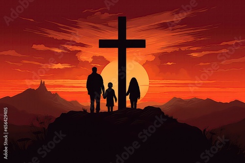 Family Seeking The Cross Against Autumn Sunrise, Symbolizing Worship And Hope