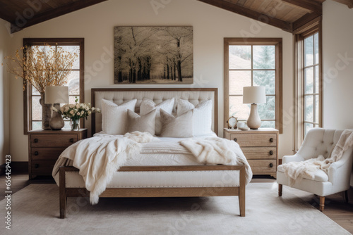 A Serene Bedroom Retreat: Cozy Farmhouse Haven with Rustic Furniture, Soft Ambient Lighting, and Traditional Accents © aicandy
