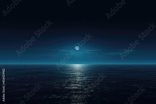 Full Moon Rising Over Empty Ocean At Night, Providing Ample Copy Space For Various Uses © Anastasiia