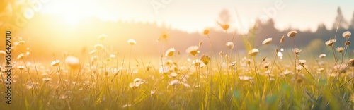 Beautiful natural scenery. Blooming grass with sunlight shining on it.