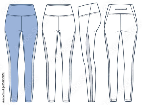 Leggings pants technical fashion illustration. Mesh Leggings fashion flat technical drawing template, high waist, front, side and back view, white, blue color, women CAD mockup set.