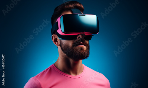 An adult male using AR glasses, virtual reality glasses © JQM
