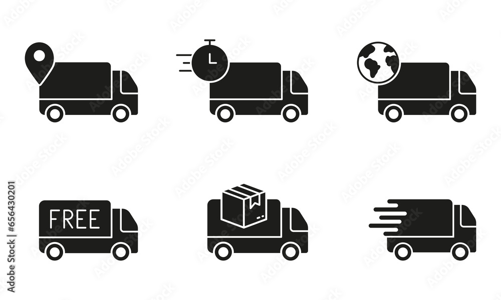 Fast Van, Free Shipping Transport Silhouette Icon Set. Delivery Truck Glyph Pictogram. Logistic, Parcel Shipment Solid Sign. Cargo Transportation Symbol Collection. Isolated Vector Illustration Fast Van, Free Shipping Transport Silhouette Icon Set. Delivery Truck Glyph Pictogram. Logistic, Parcel Shipment Solid Sign. Cargo Transportation Symbol Collection. Isolated Vector Illustration