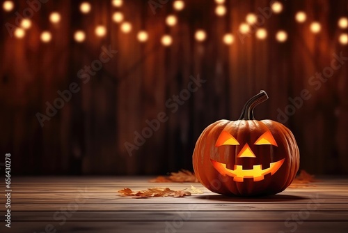 Scary Halloween Pumpkin Placed On Wooden Planks, Creating Spooky Atmosphere
