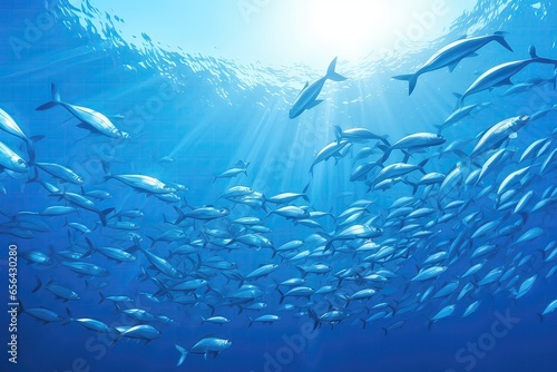 School Of Fish Swimming Underwater In The Sea, Illustrating Underwater Life And The Concept Of World Ocean Day