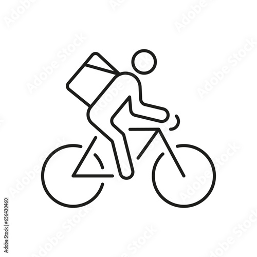 Courier On Bike Line Icon. Express Delivery Service Linear Pictogram. Fast Shipping of Food or Goods Outline Symbol. Speed Deliveryman on Bicycle Sign. Editable Stroke. Isolated Vector Illustration