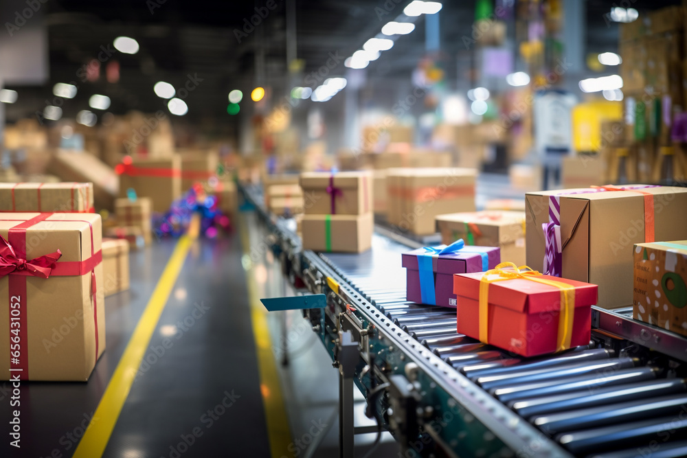 Closeup of multiple colorful fancy Christmas gift and presents moving along a conveyor belt in a warehouse fulfillment center, which decorated by christmas ornament. Closeup of multiple colorful fancy Christmas gift and presents moving along a conveyor belt in a warehouse fulfillment center, which decorated by christmas ornament.