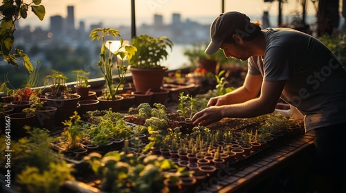 Embodying the spirit of community urban farming, a group of people collaboratively engage in planting, watering, and harvesting in a community garden.