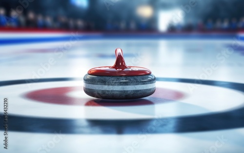 Close-up of a curling stone at a match at the central circle of the scoring house or tee button