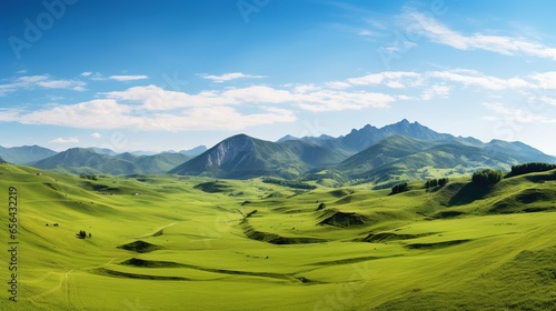panorama of mountains with green meadows and blue sky during the day. © nomesart