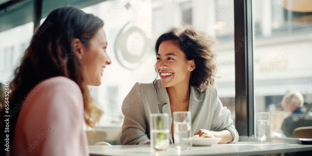 Happy smiling female friends sitting in a café laughing and talking during a lunch break Happy smiling female friends sitting in a café laughing and talking during a lunch break