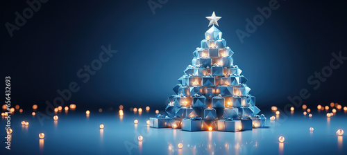 Creative modern New Years Christmas tree with gifts. Xmas greeting card or contemporary gift card.