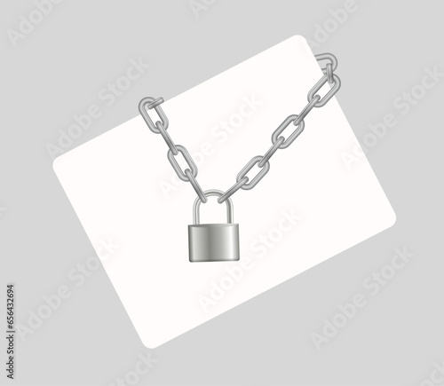 Padlock and chain. Gray metal chain and padlock, handcuffed card, vector