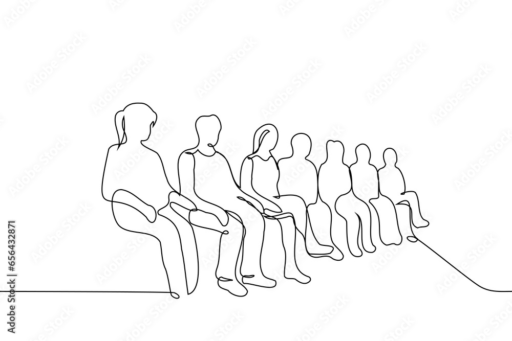group of people sitting in one row - one line art vector. concept spectators, judges, audience, row in theater or cinema