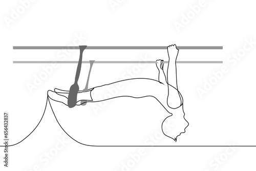 man doing Pilates on a machine - one line art vector. concept training on reformer