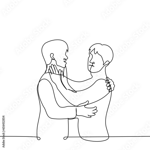 man tries to hug or cuddle man who doesn’t want it and pushes him away with his hands - one line art vector. concept offended man, relationship difficulties, harassment, non-tactile person