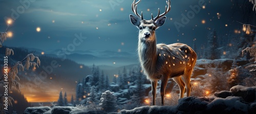 Festive snowy scene featuring snow-covered hills, a mountainous village, deer, woodland, pine trees, and reindeer. Seasonal natural backdrop with fox, elevations, and dwellings. © Juan