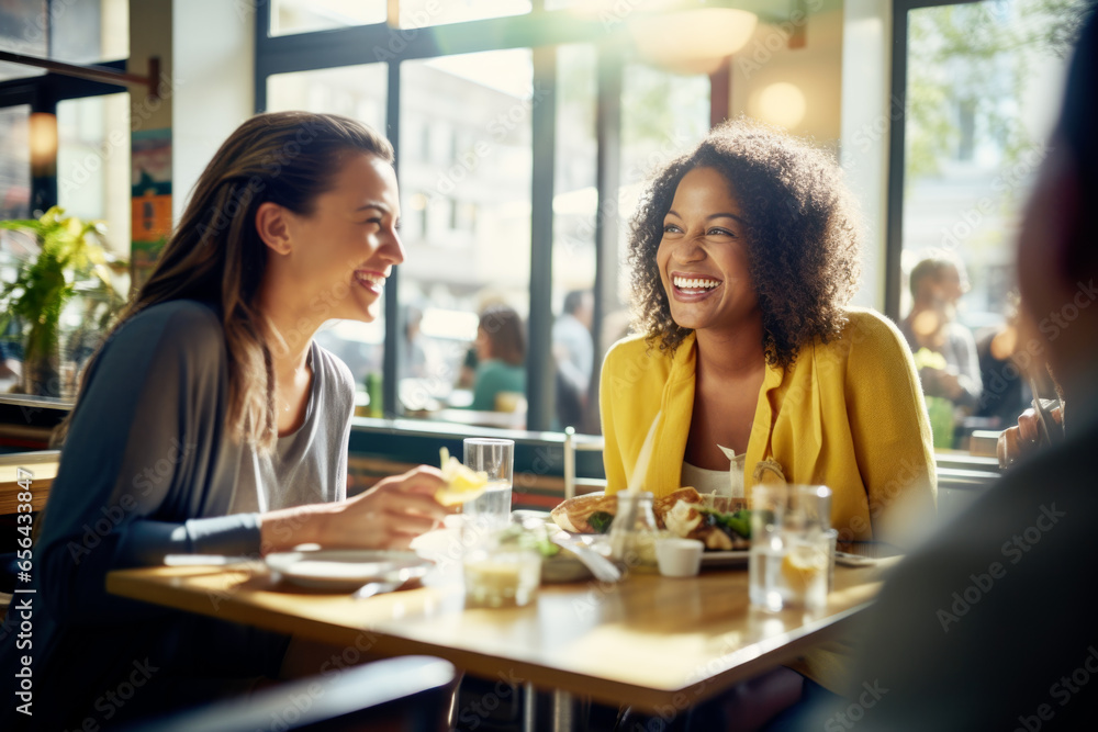 Happy smiling female friends sitting in a café laughing and talking during a lunch break Happy smiling female friends sitting in a café laughing and talking during a lunch break