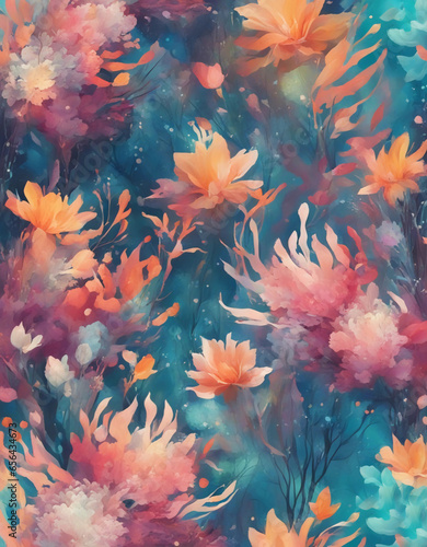 Seamless floral background from colorful flowers. Generative AI.