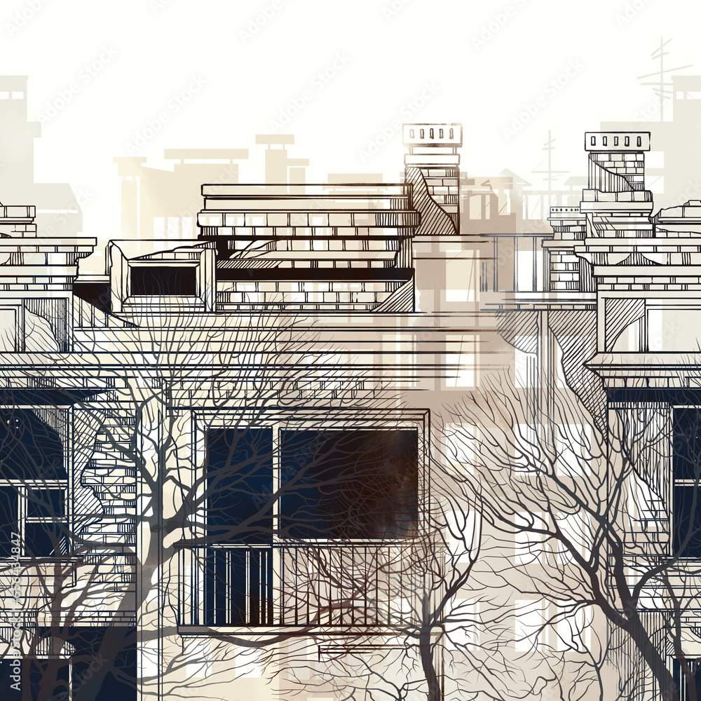 Fototapeta premium Urban tales: sketch of houses and trees endless motif. Digital art and watercolour, ink texture. Seamless vintage border for packaging, scrapbooking, textile. 