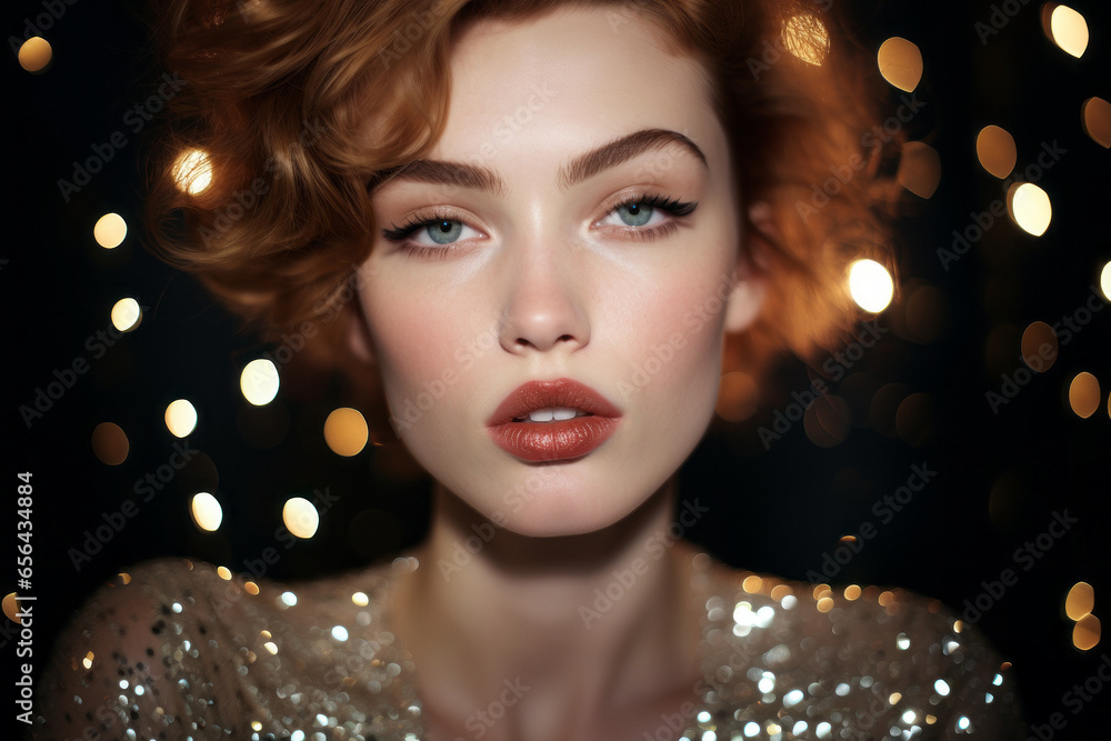 Portrait closeup of a red hair model wearing golden sparkling and glittering dress on black background with bokeh. Party makeup concept. AI Generated - obrazy, fototapety, plakaty 