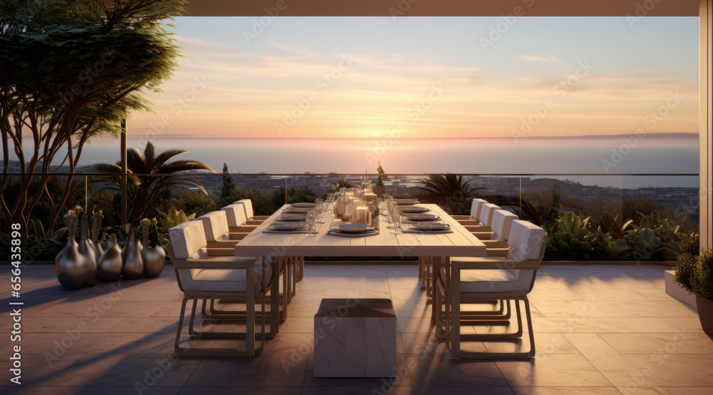 Terrace of the restaurant on the roof with a view of the sea