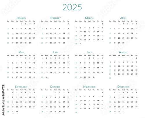 2025 year calendar. The week starts on Sunday. Desk planner template with 12 months. Yearly stationery diary. Vector illustration