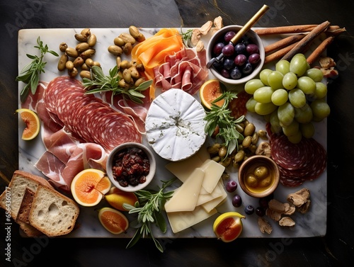 Sumptuously arranged charcuterie spread. Laid on a pristine marble surface, the selection of cheeses, cured delicacies, olives, and fruit tease with promises of a delectable experience. 
