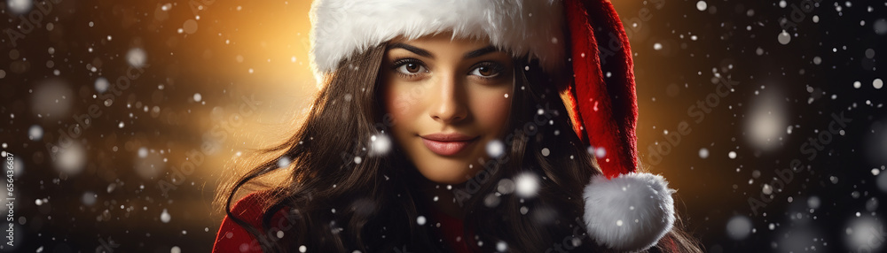 portrait of beautiful smiling woman in santa claus wearing portrait of beautiful smiling woman in santa claus wearing