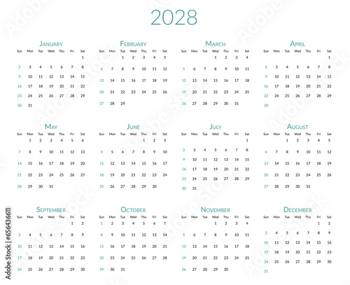 2028 year calendar. The week starts on Sunday. Desk planner template with 12 months. Yearly stationery diary. Vector illustration