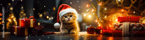An adorable kitten wearing a red Santa hat sitting in a cozy, festively decorated living room. photo
