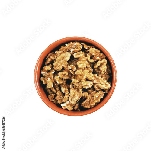 Walnut in a round clay pot on a transparent background. PGN.